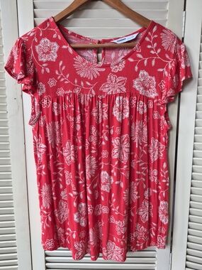 Sonoma Red Floral Short Sleeve Babydoll Top Size Small